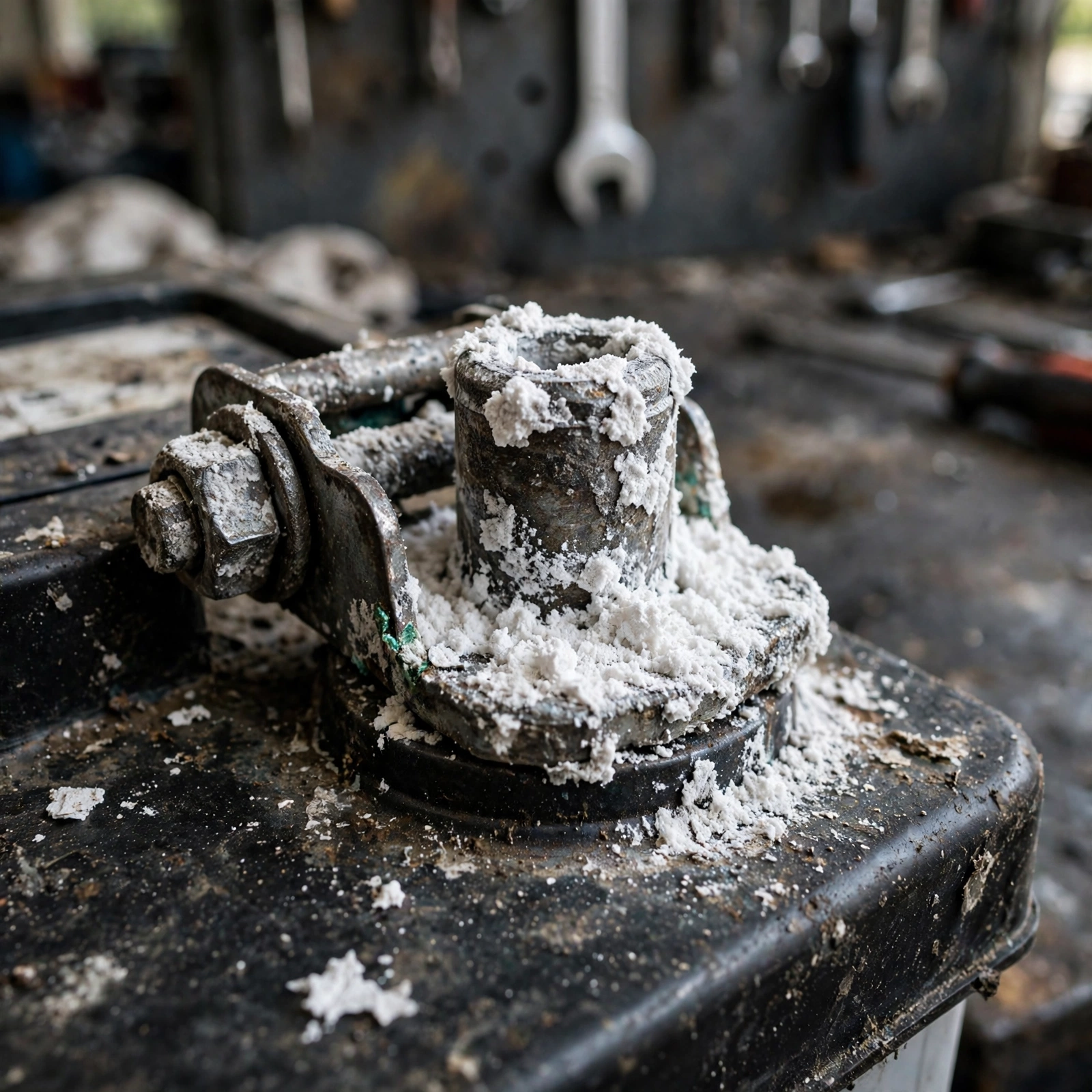 corroded car battery terminals with white blue corrosion buildup close-up
