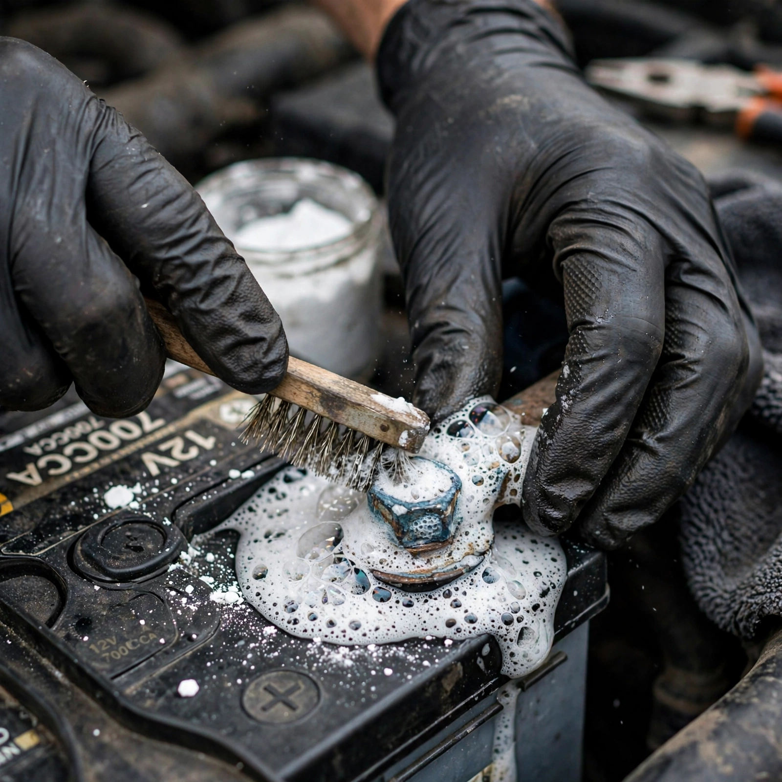 corroded battery terminal with white powder corrosion close-up
