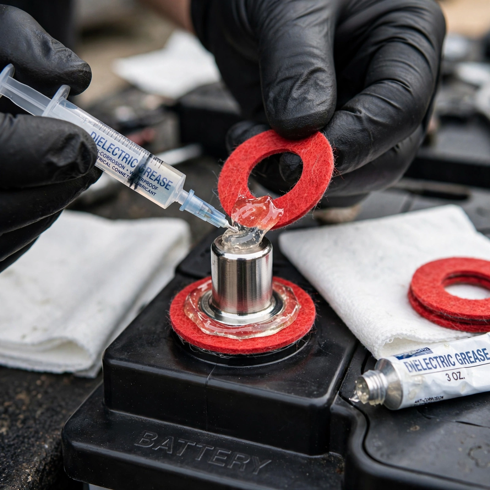 cleaning battery terminal with wire brush and baking soda bubbling
