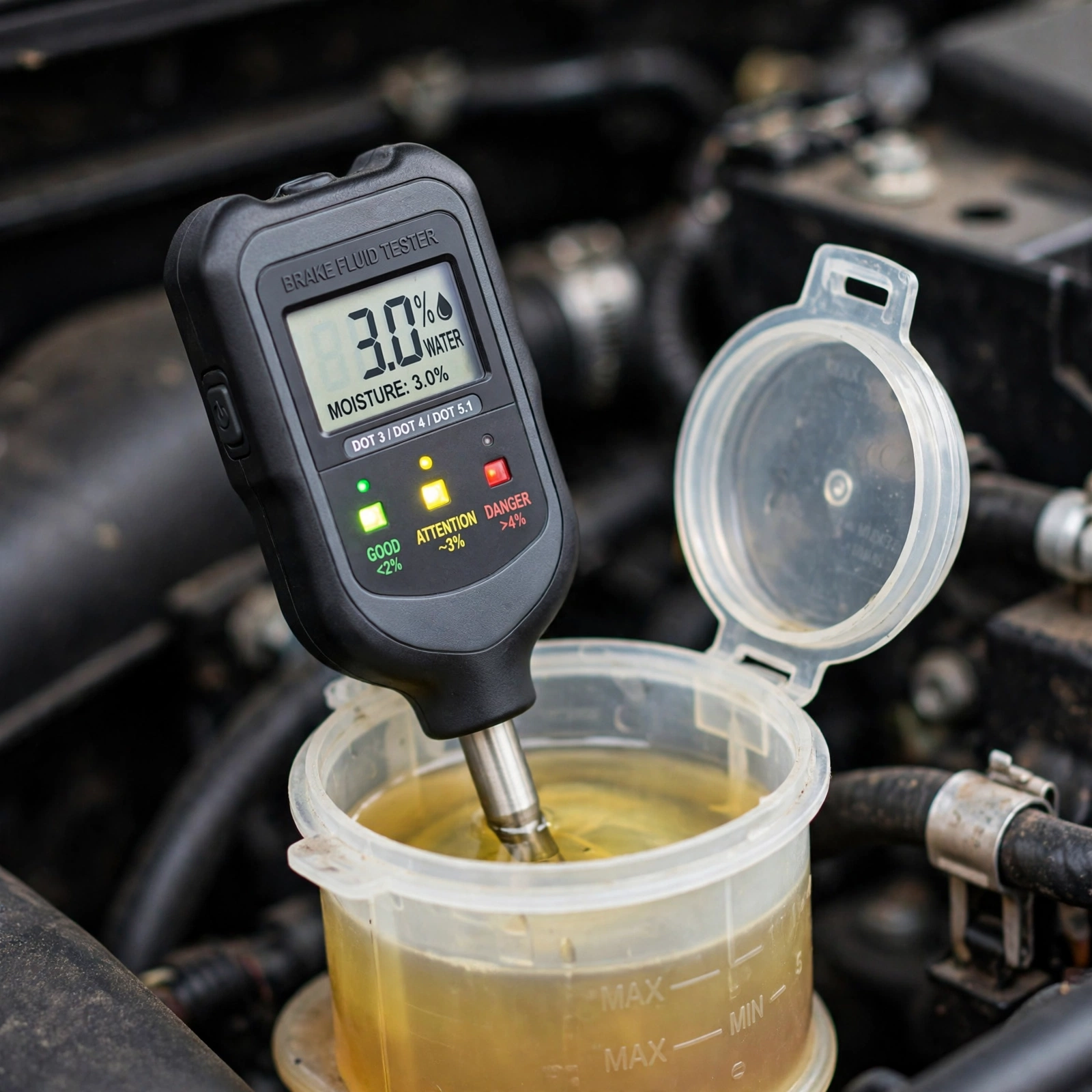 Close up of brake fluid reservoir with dark tea colored fluid showing old contaminated fluid