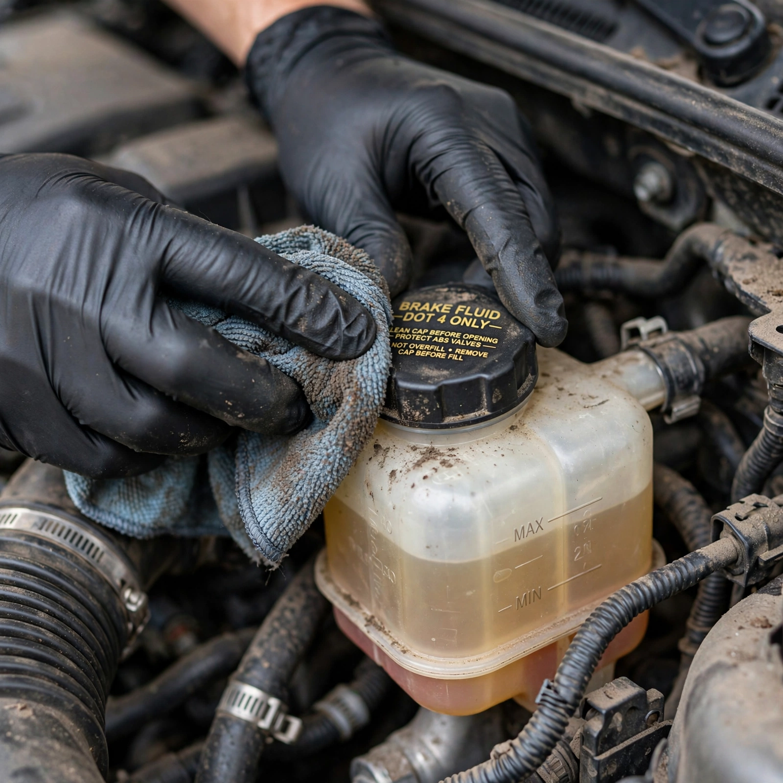 Brake fluid moisture tester showing 3 percent water with LED indicators in reservoir