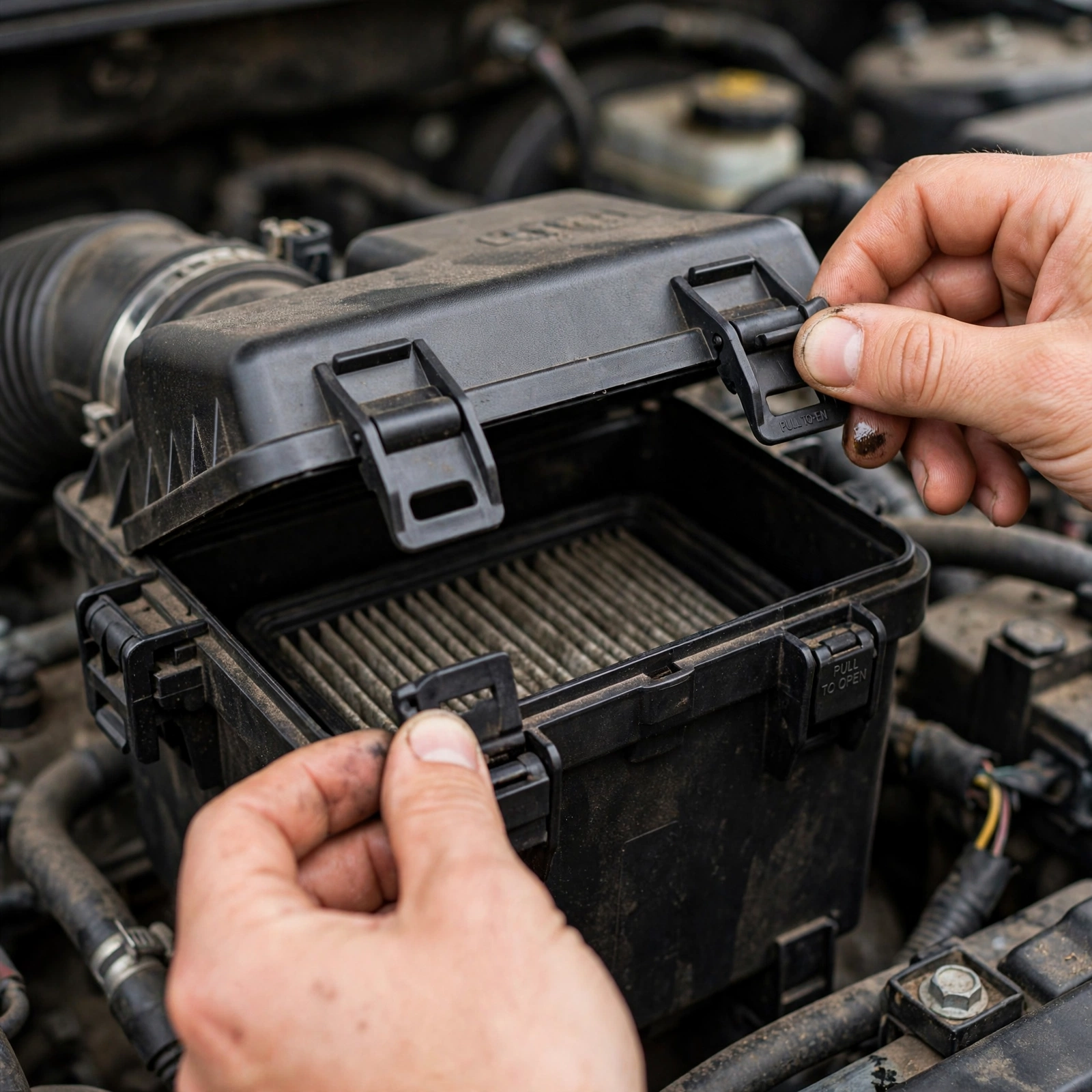 engine air filter dirty black vs clean white comparison on workbench 1:1