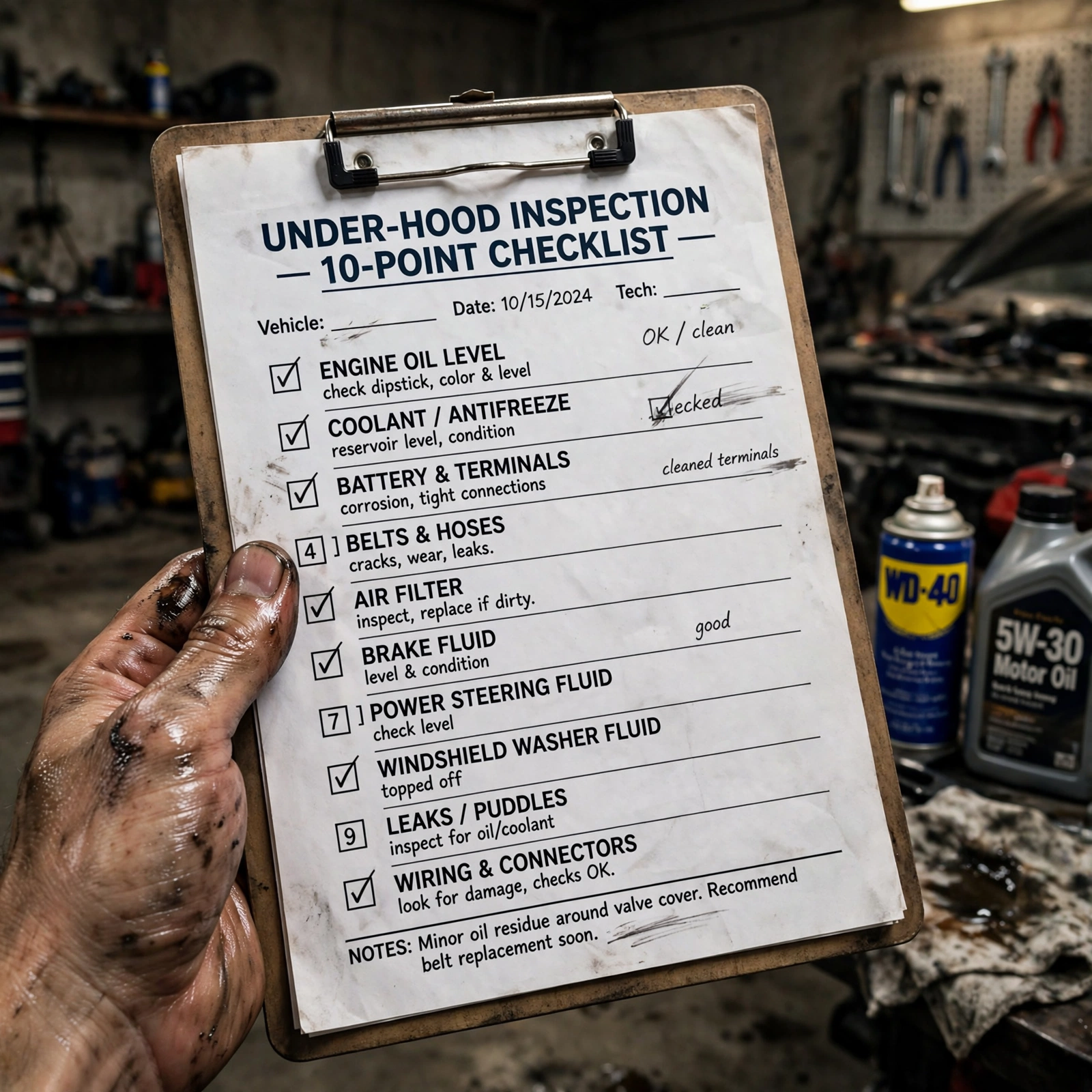 under hood inspection with flashlight checklist on clipboard in garage