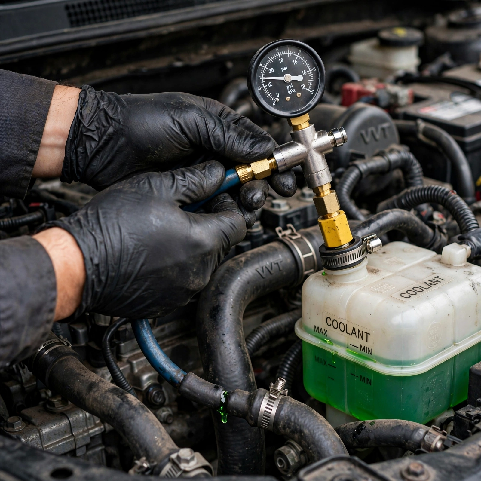 mechanic checking radiator fan operation with engine hot in traffic overheating test
