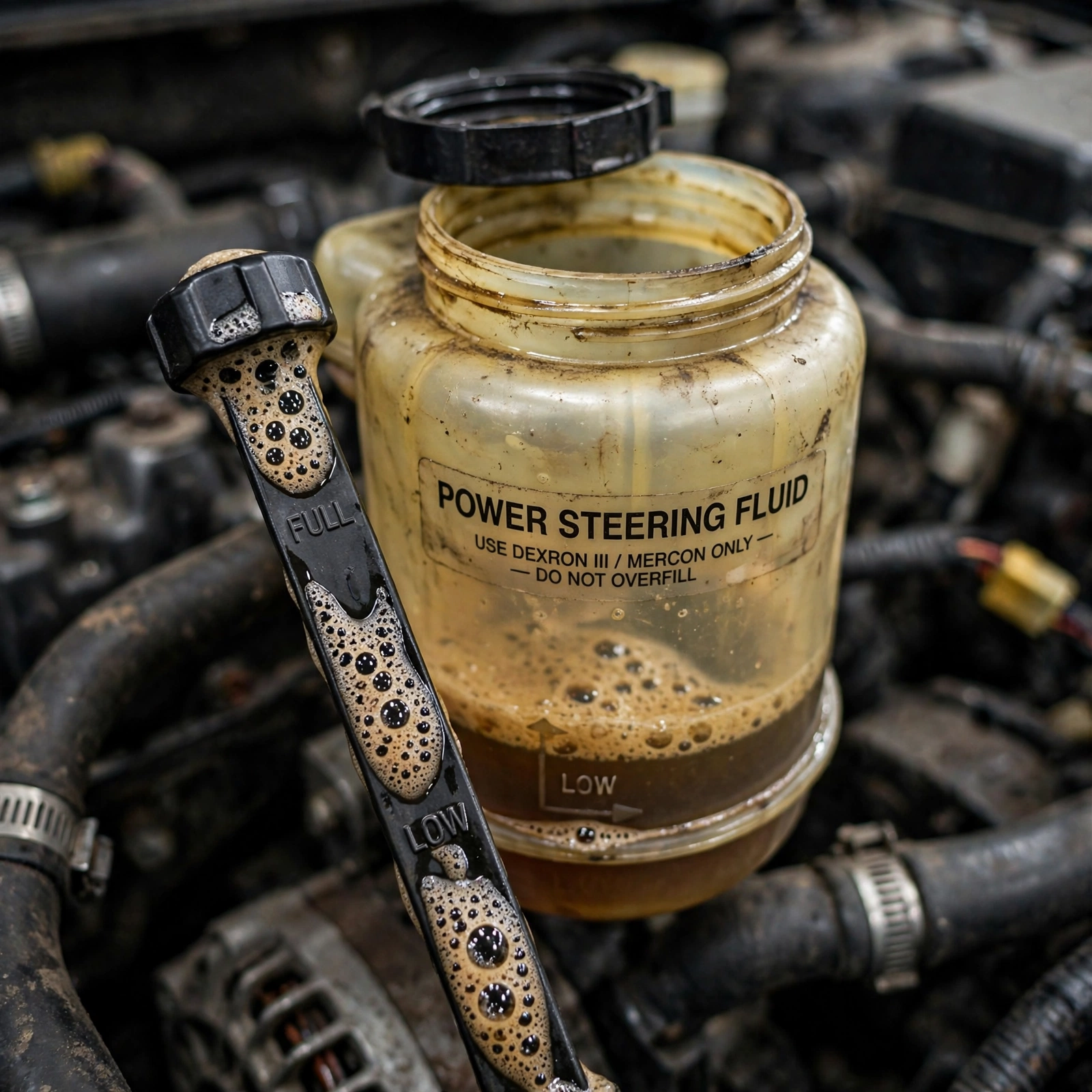 power steering reservoir with foamy bubbly fluid close-up