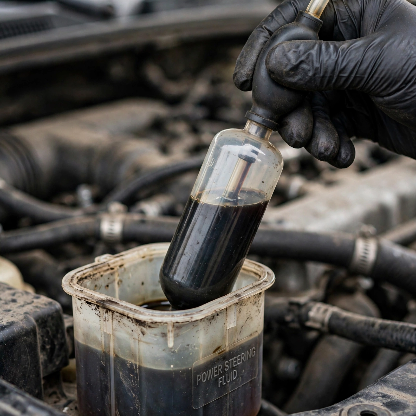 mechanic checking power steering hose for air leak with flashlight