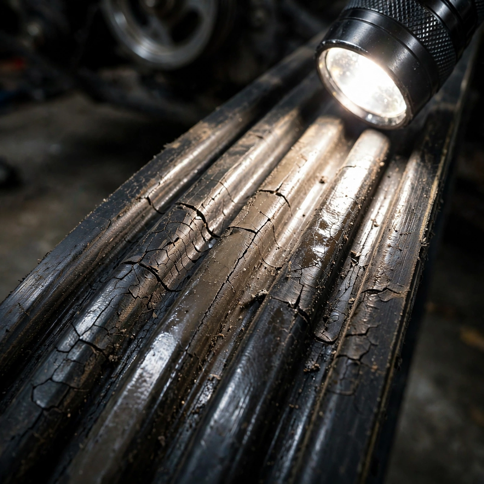 close-up serpentine belt with small cracks on ribs flashlight inspection