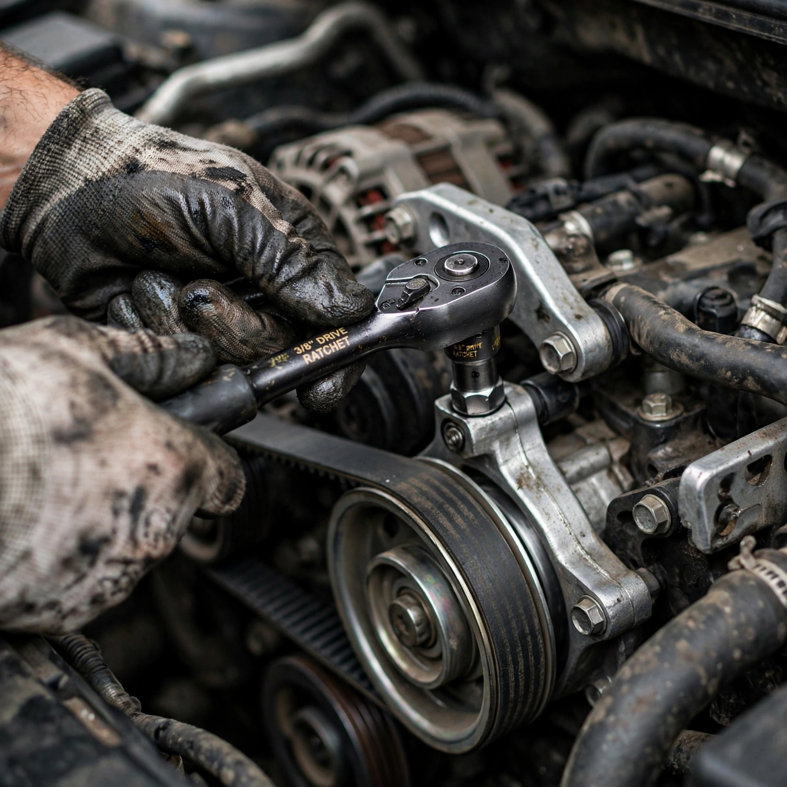 serpentine belt cracks and glazing close-up with flashlight