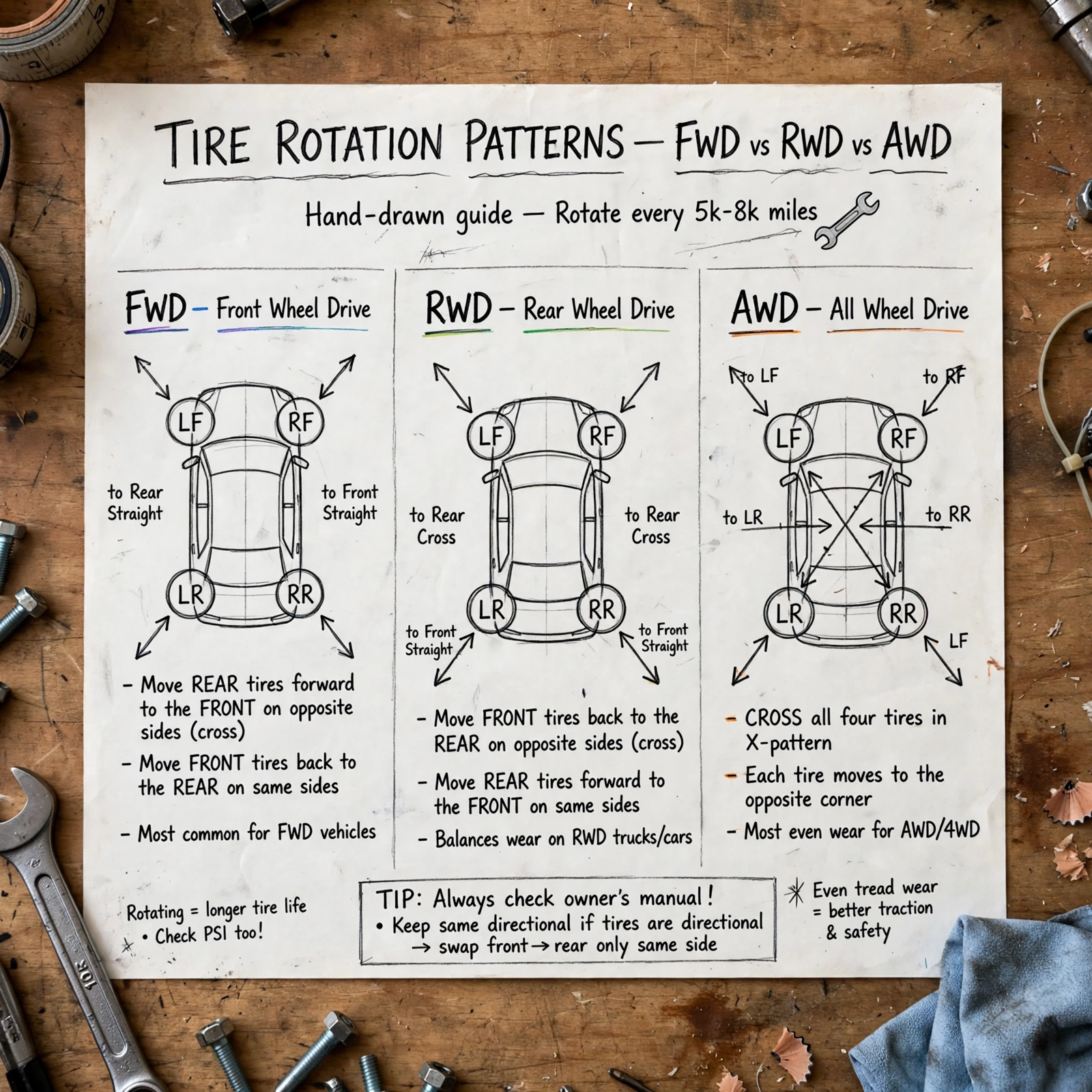 Tire rotation pattern diagram chalk on garage floor with four tires