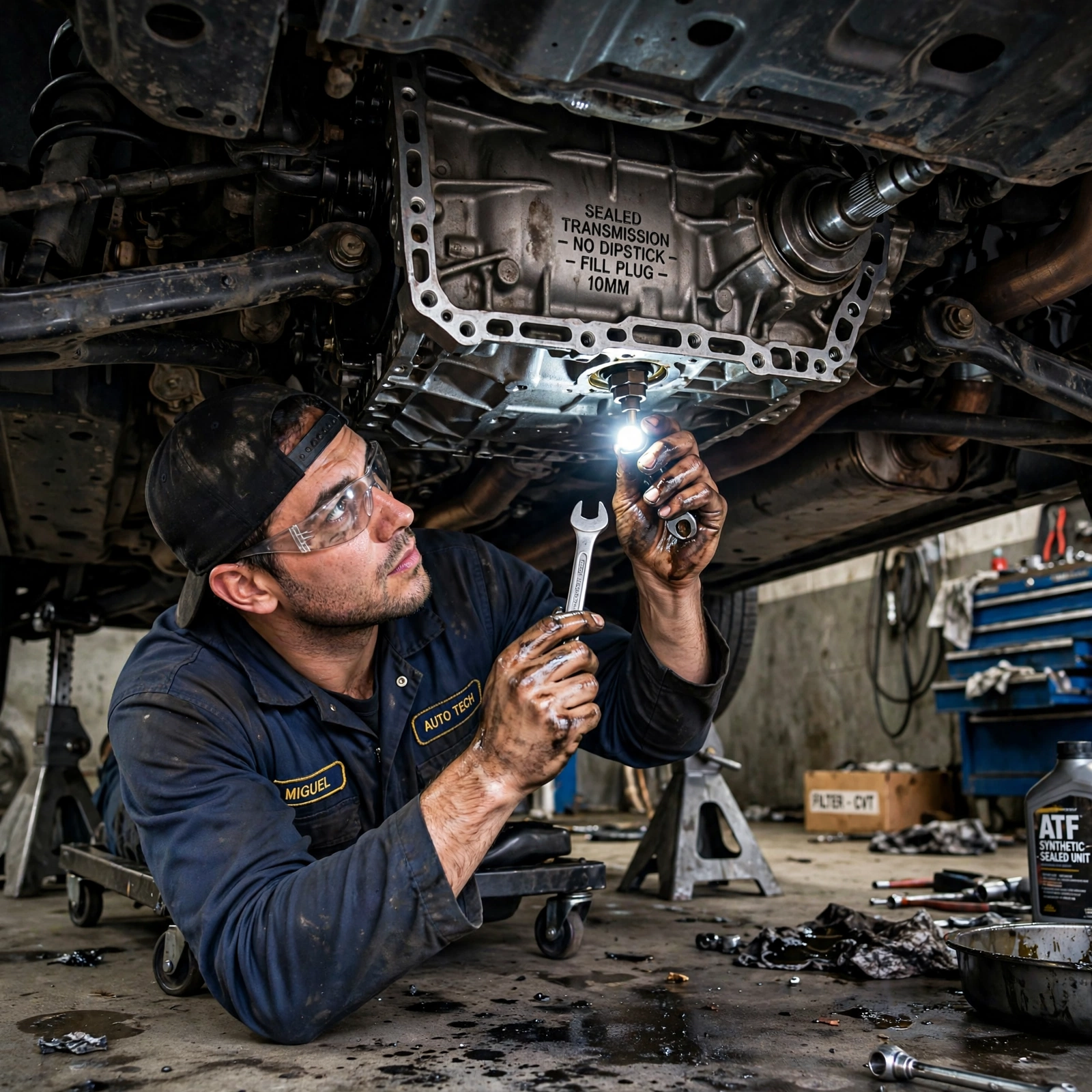 Sealed transmission with missing dipstick and fill plug under car