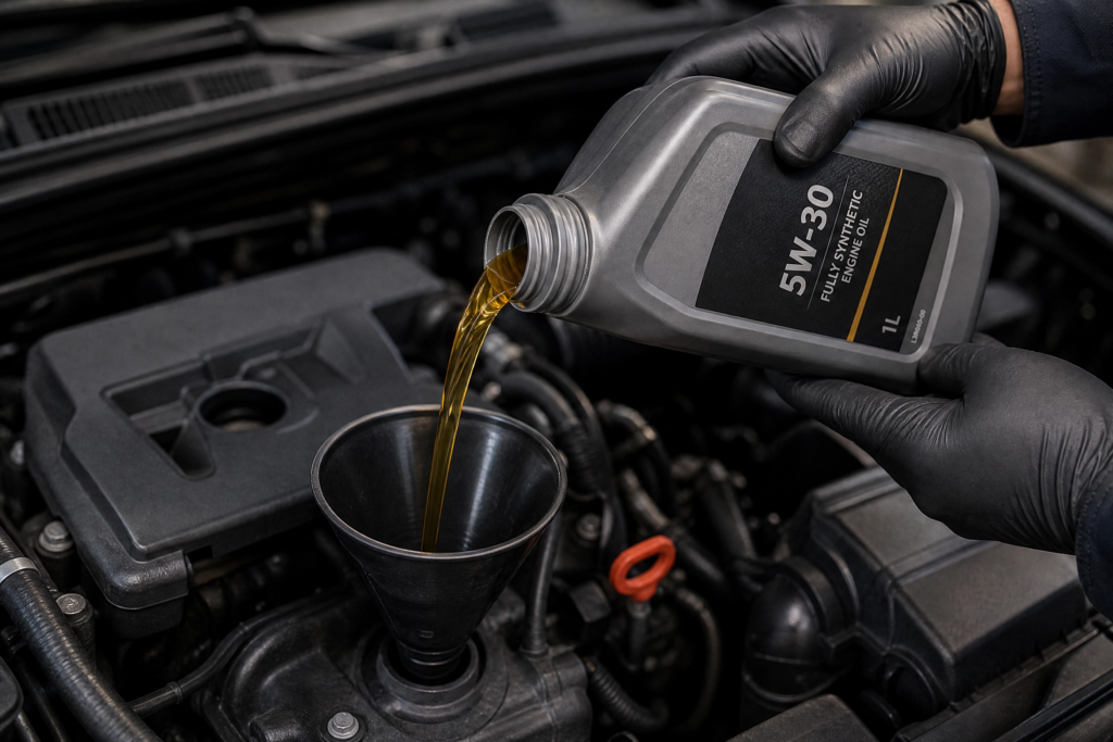 mechanic topping up engine oil