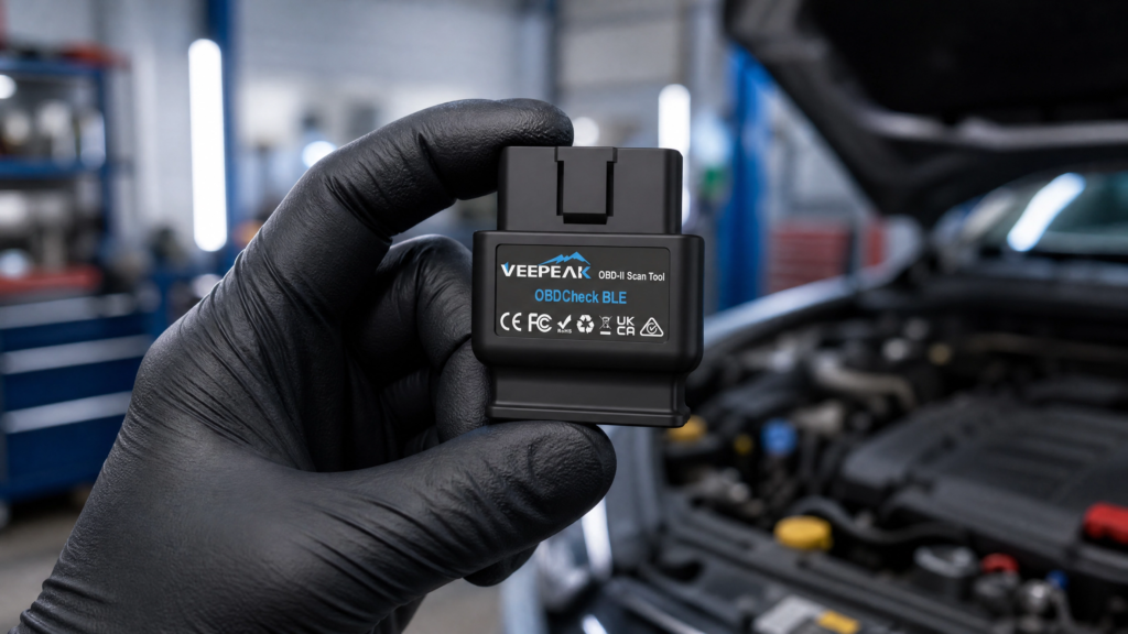 Veepeak OBDCheck BLE in a mechanic's hands