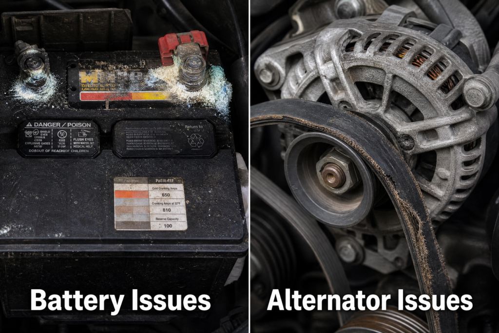 split image: left side shows a corroded car battery with white powdery buildup on terminals labeled 'Battery Issues', right side shows a worn alternator with frayed serpentine belt labeled 'Alternator Issues