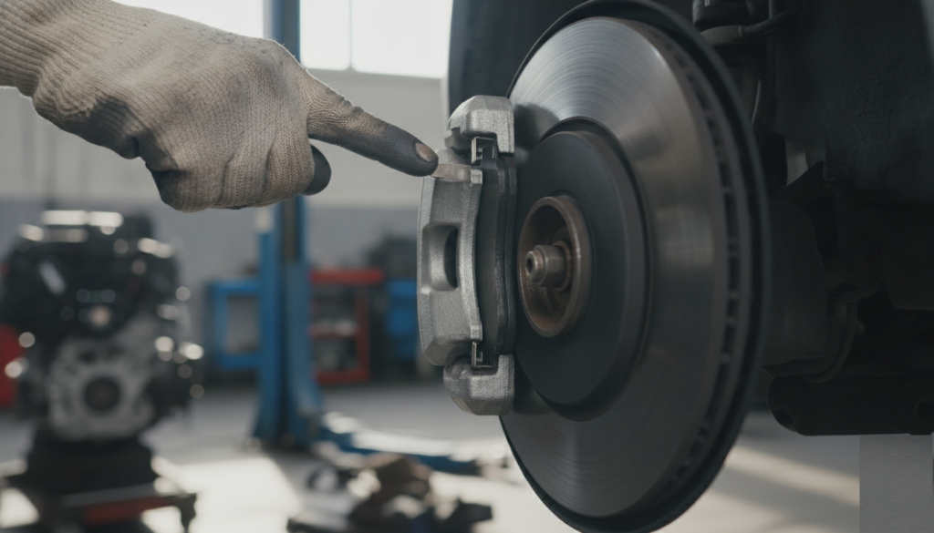 mechanic's hand pointing to a brake wear indicator tab on a brake caliper assembly, with a visible rotor and thin brake pad in the background