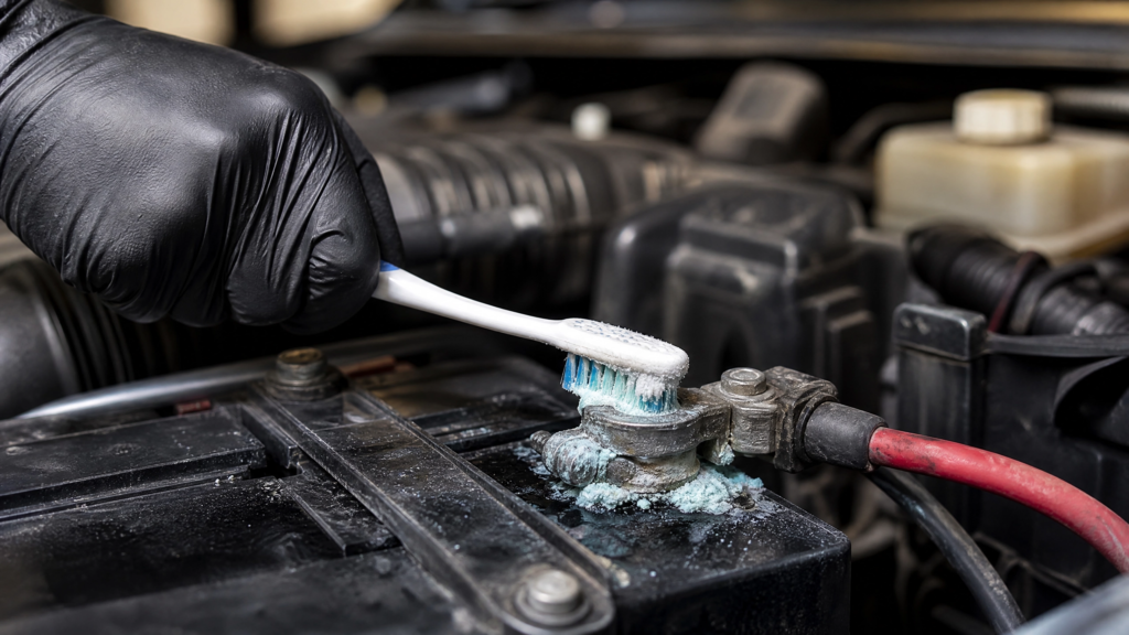 mechanic using an old toothbrush dipped in baking soda to clean off corrosion from a car battery terminal