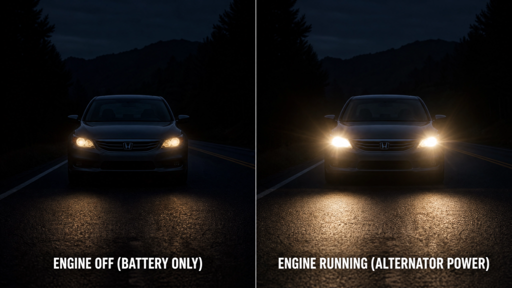 illustration image for my blog dim headlights with the engine off, then brighter headlights once the engine is running side by side