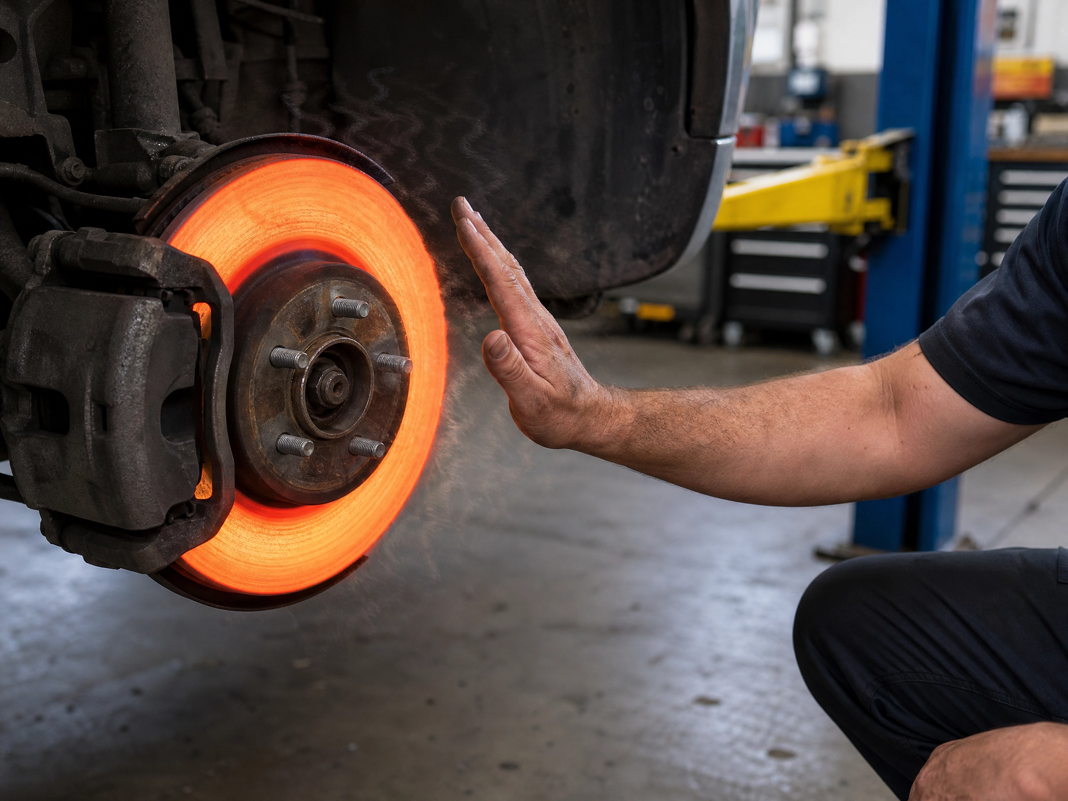 mechanic stretching his hard towards an overheated brake disk