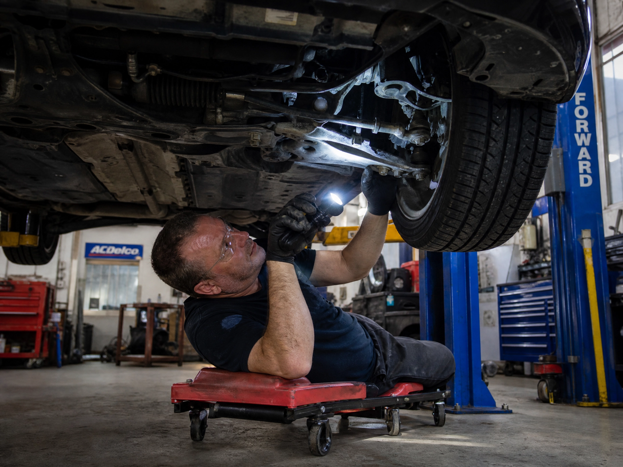 Auto mechanic lying on a creeper under a lifted car, using a flashlight to inspect the front suspension 