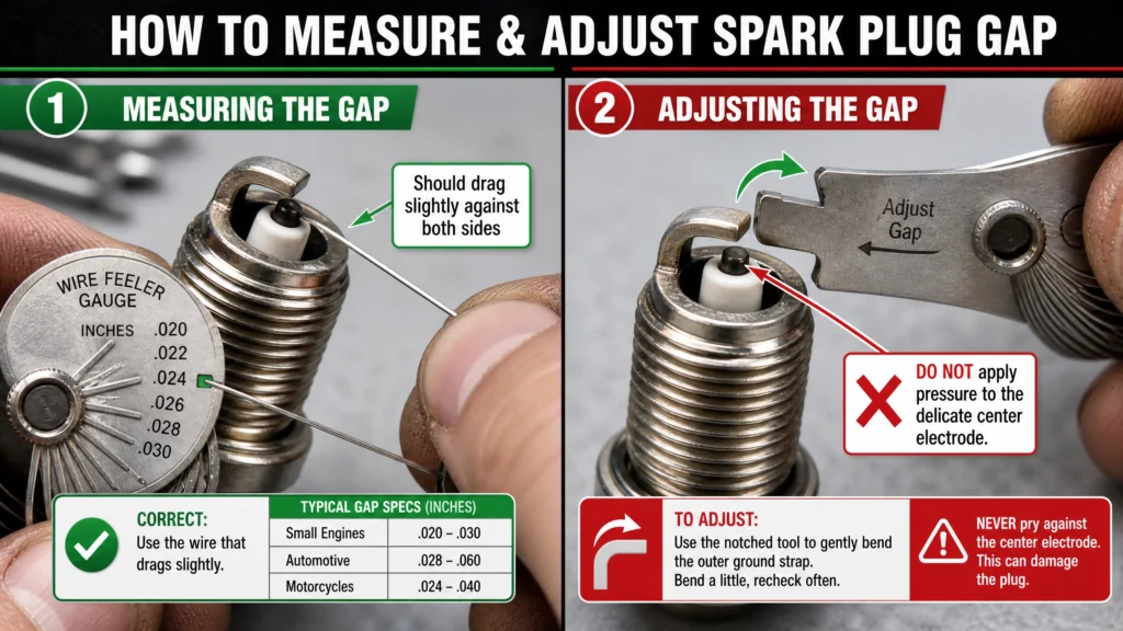 diagram showing how to measure and adjust spark plug gap