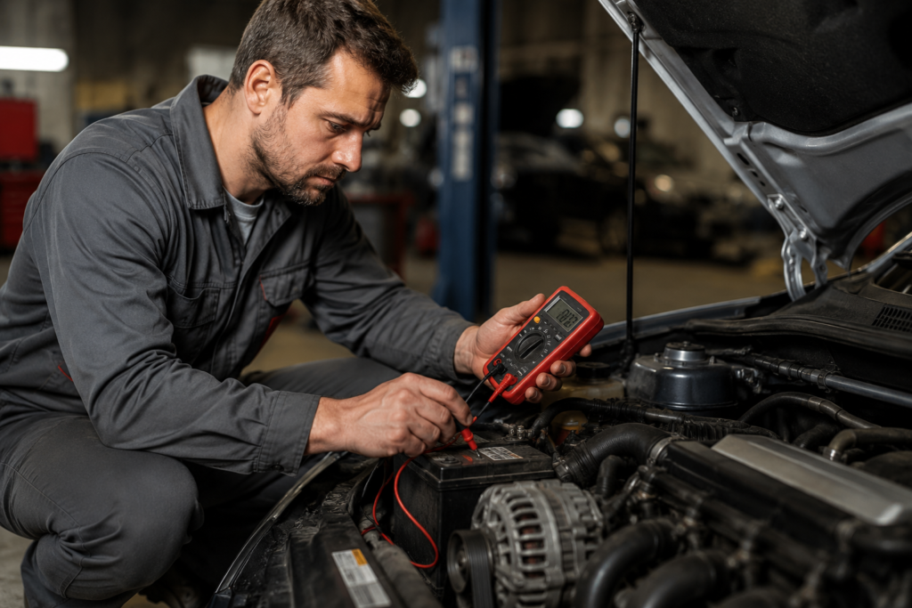 mechanic holding a digital multimeter probing the battery terminals, with visible alternator belt and engine components in background