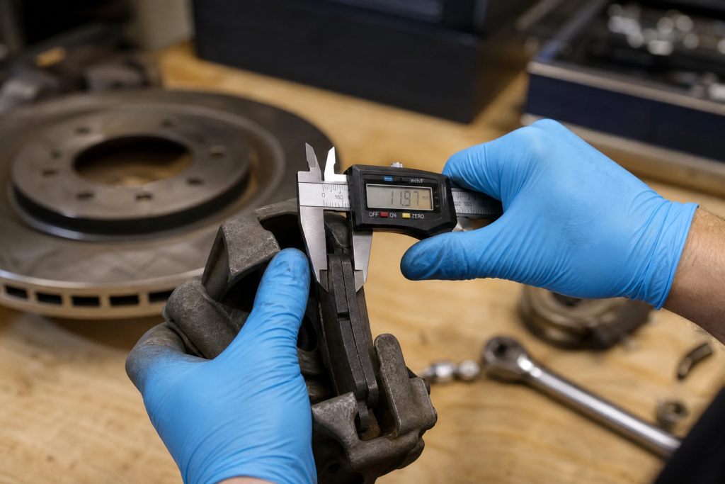 mechanic's hands in blue nitrile gloves using a digital caliper to measure brake pad thickness on a removed caliper assembly