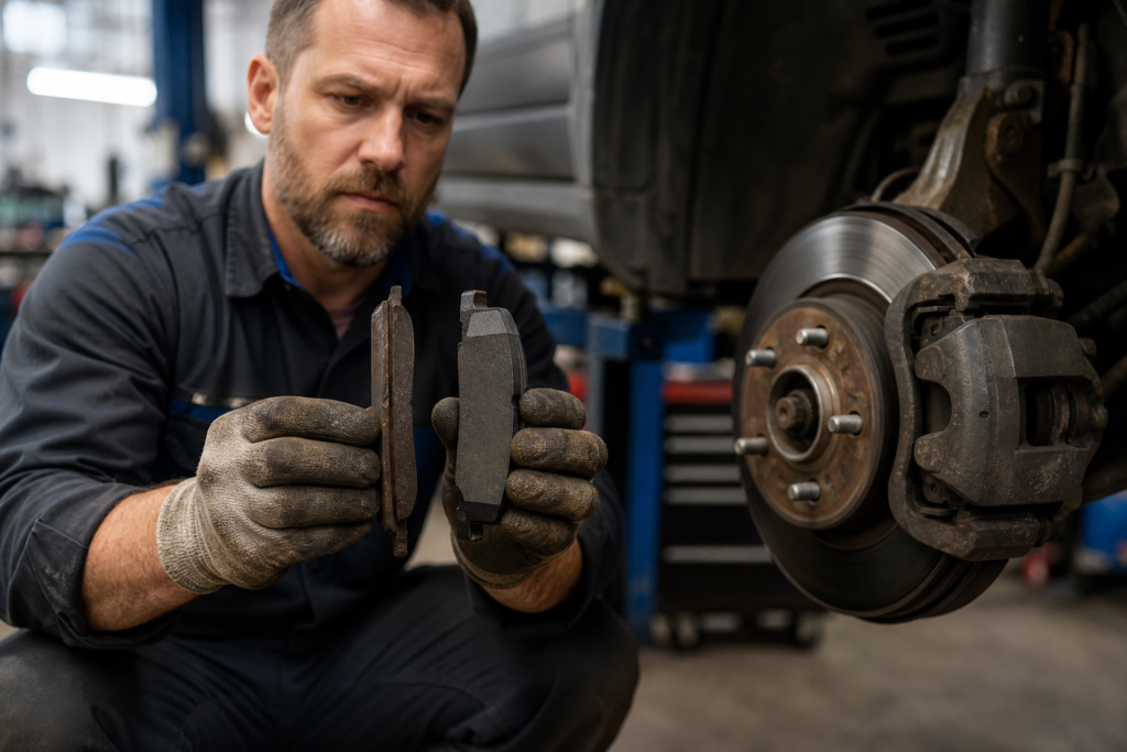 photo of a professional mechanic in a garage crouching beside a car wheel, holding a worn brake pad next to a new one for comparison