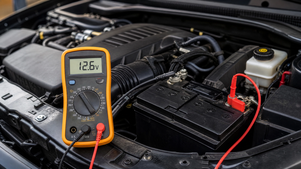 image of a multimeter connected to a car battery