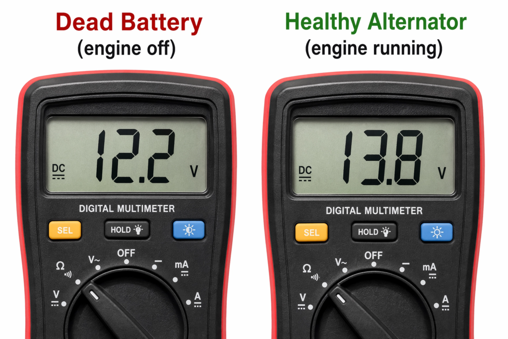 side-by-side multimeter display readings: left screen shows 12.2V labeled 'Dead Battery (engine off)' in red, right screen shows 13.8V labeled 'Healthy Alternator (engine running)