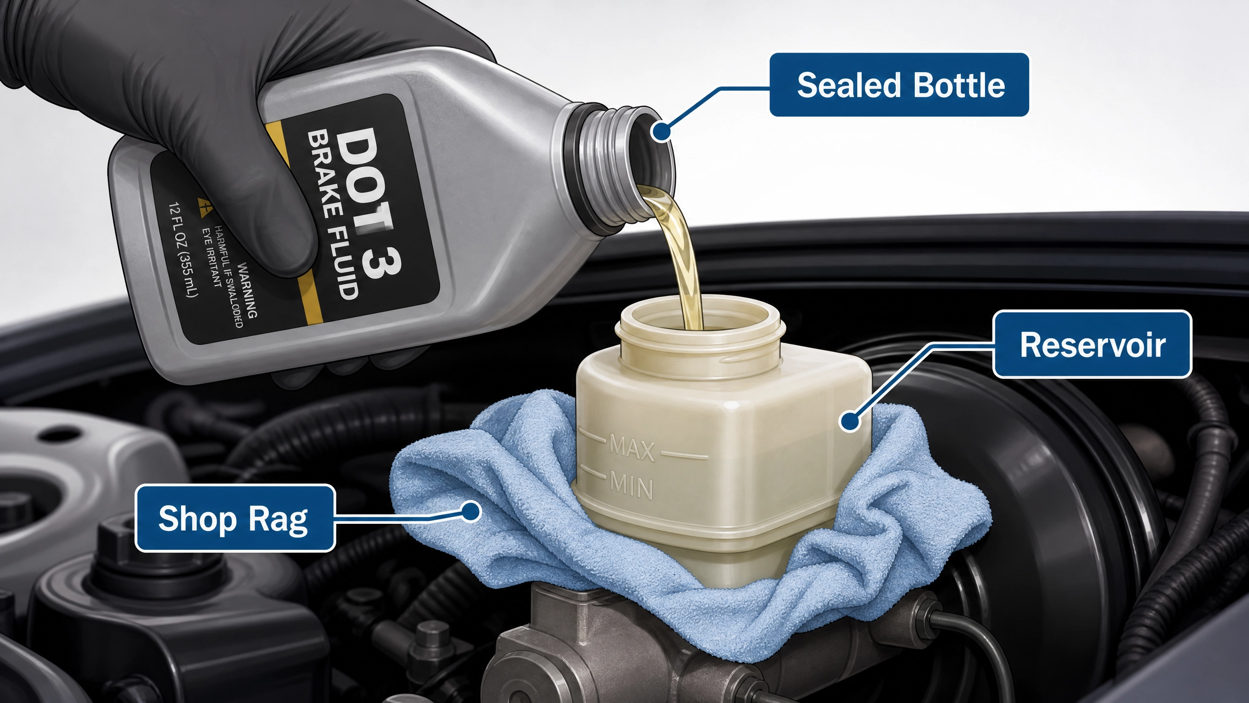 mechanic topping off brake fluid