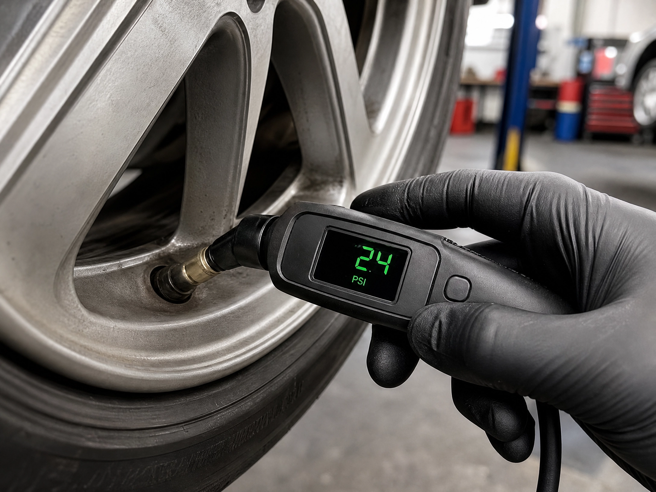 mechanic doing a tire pressure check