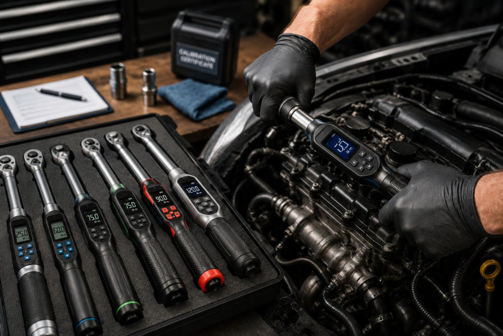 image showing a Mechanic working on car engine with a digital torque wrench