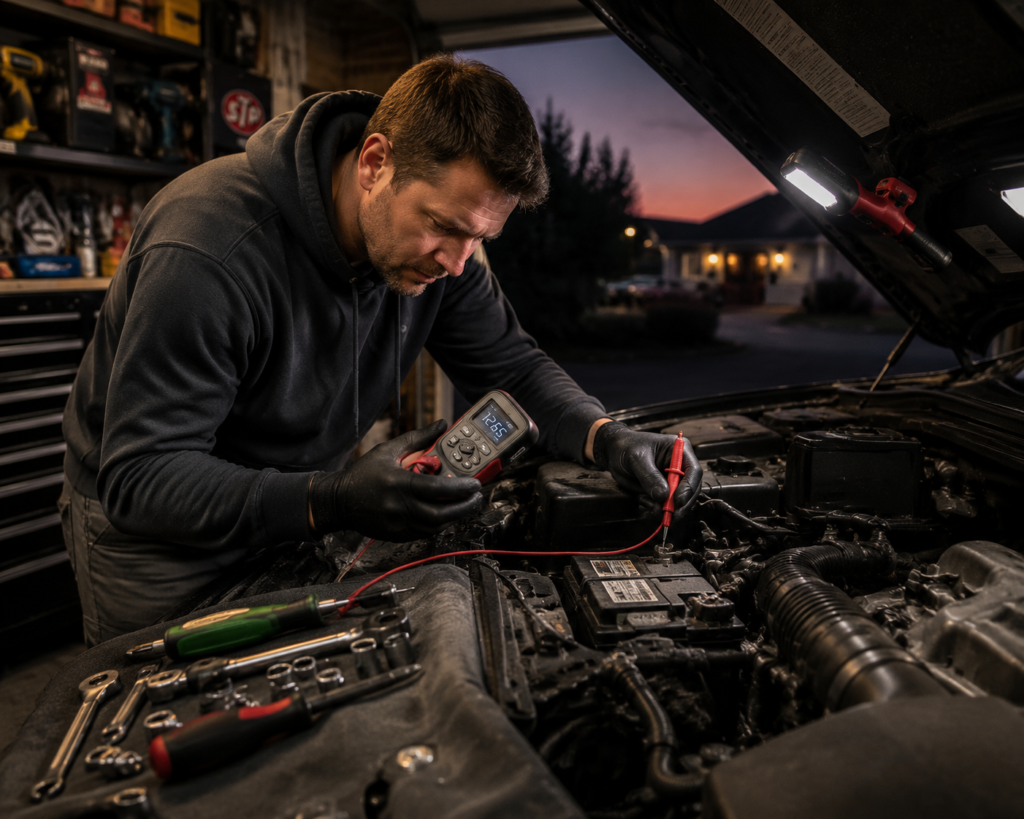 mechanic in a home garage, leaning over an open car hood at dusk with a work light clipped to the hood