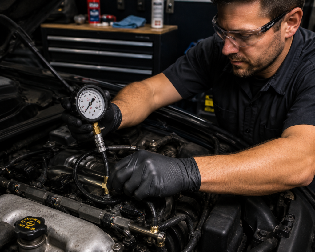 mechanic connecting a fuel pressure test gauge to a fuel rail test port on a car engine