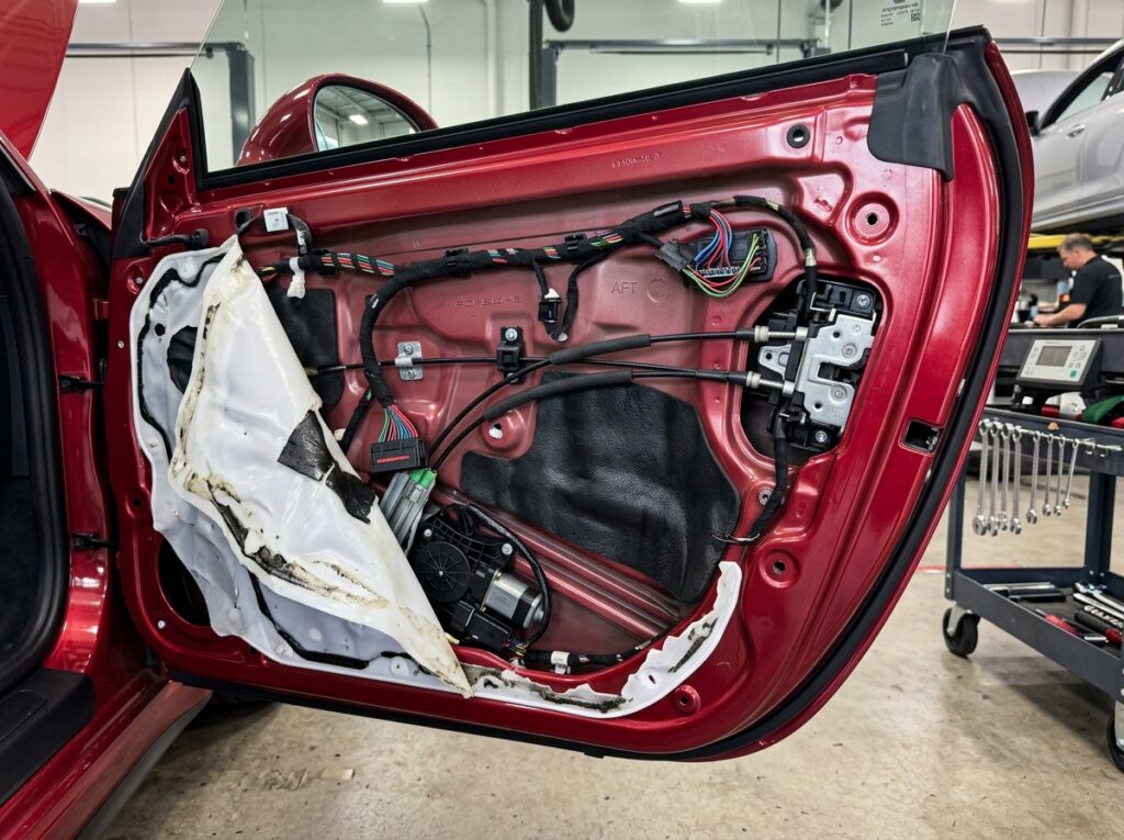Car door inner mechanics visible