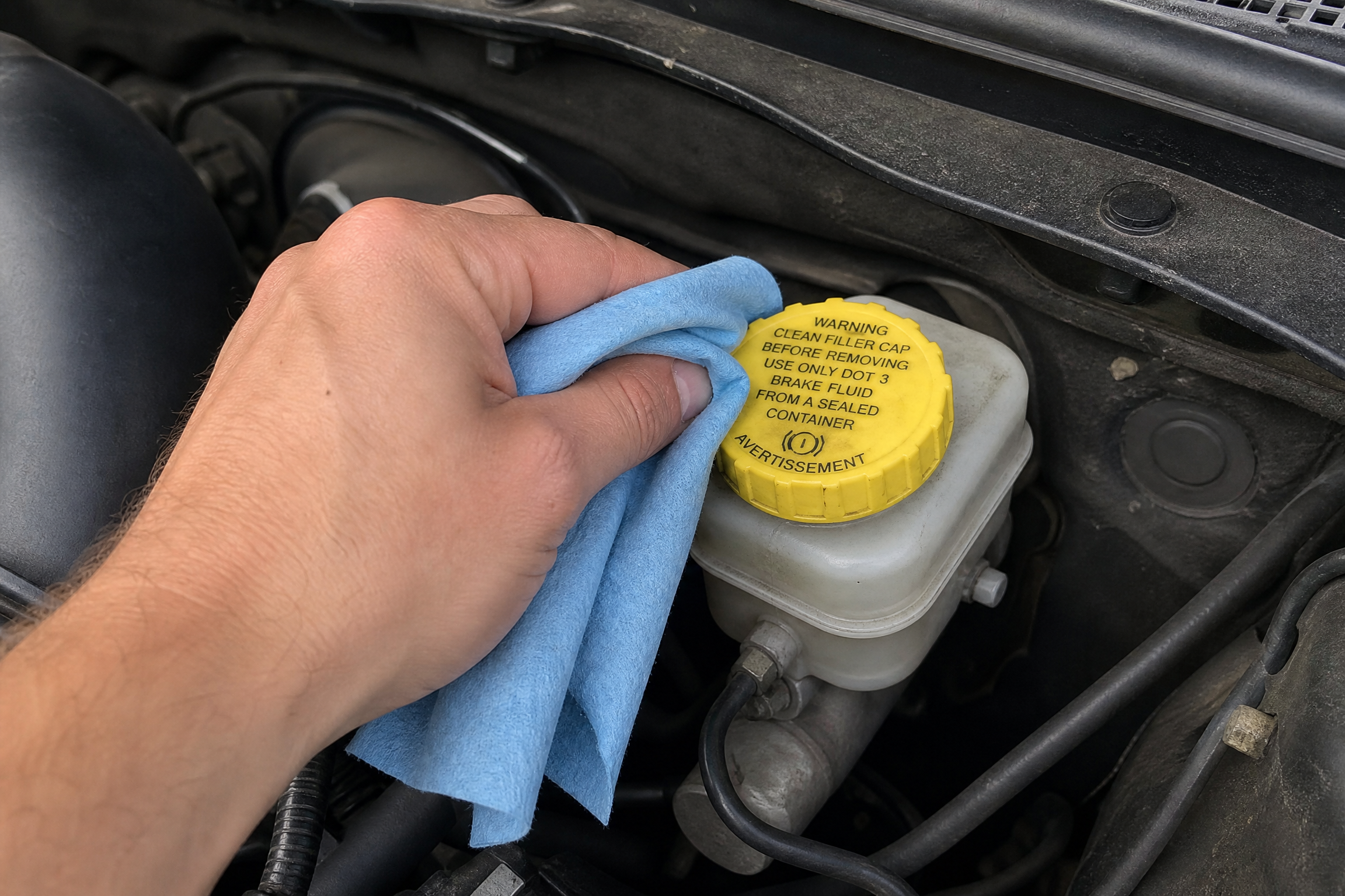 Brake fluid reservoir on the master cylinder with the cap removed for inspection