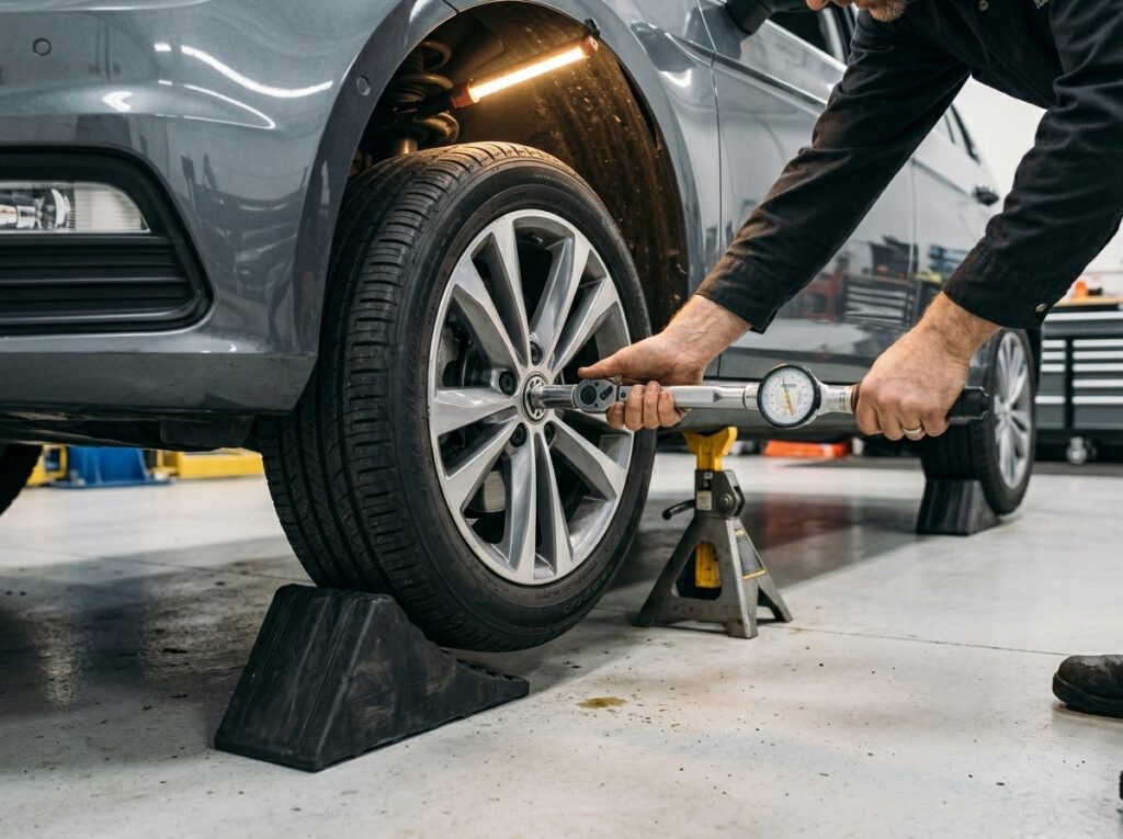 Mechanic torquing a lug nut on a car supported by jack stands with wheel chocks in place