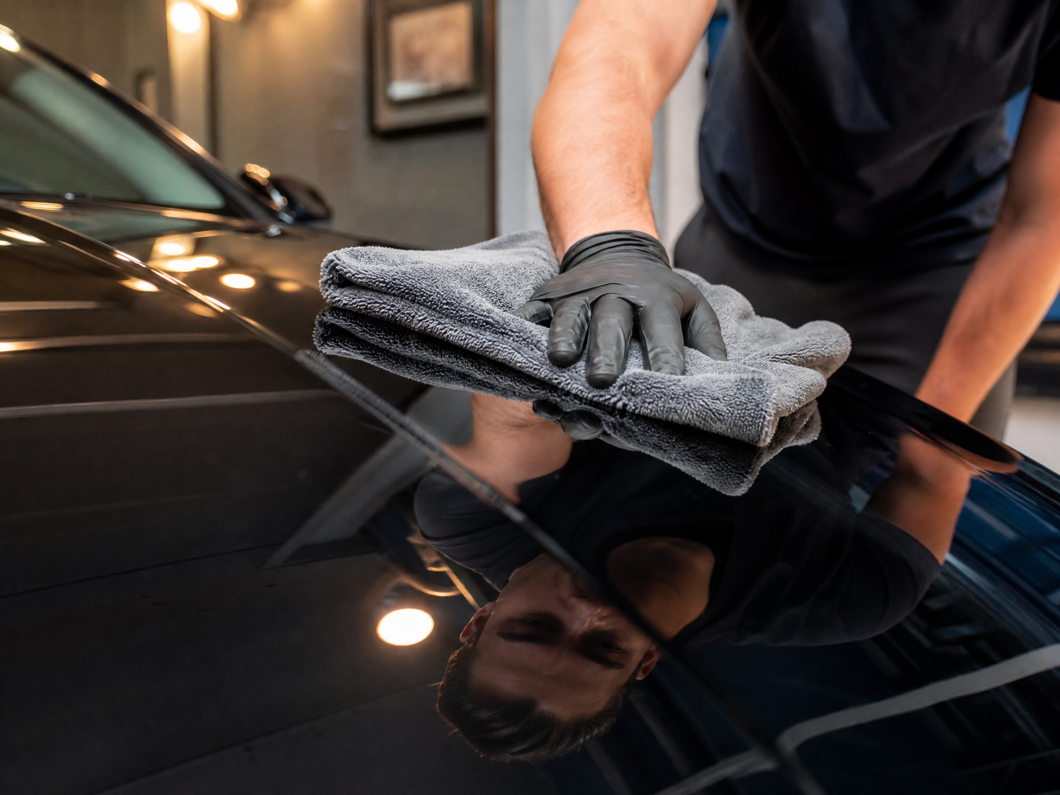 Detailer buffing ceramic coating on reflective car paint