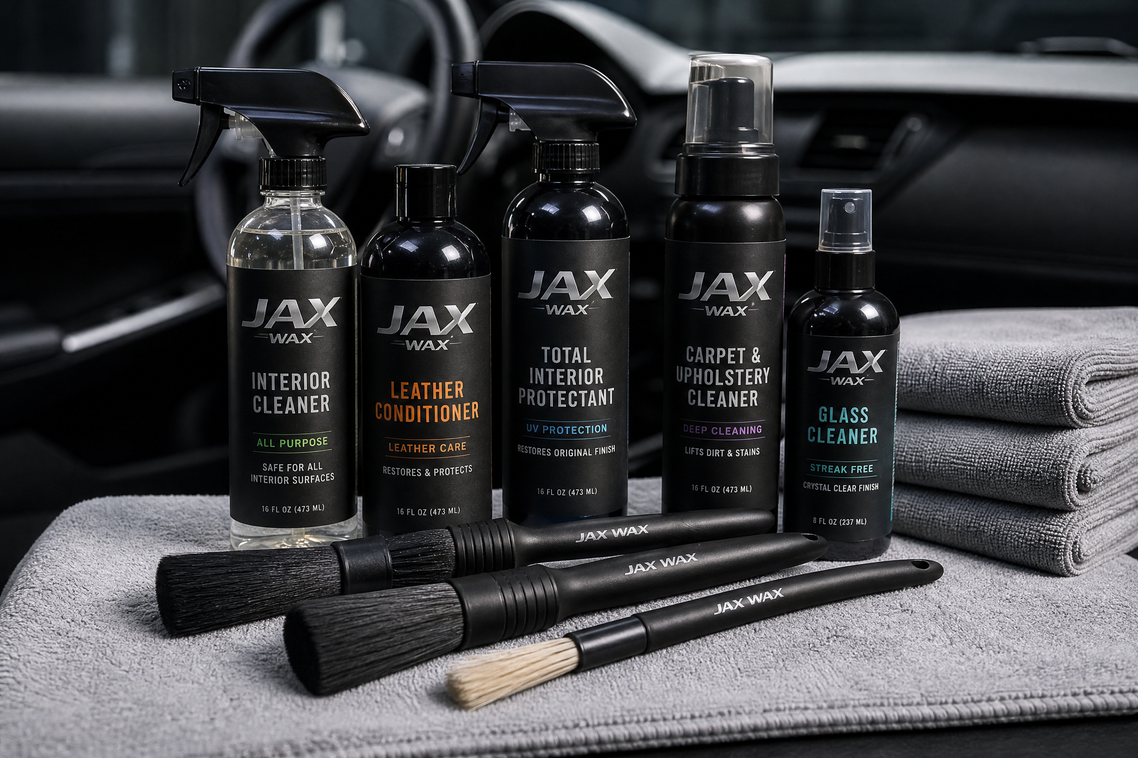 Interior detailing brushes used to clean vehicle trim