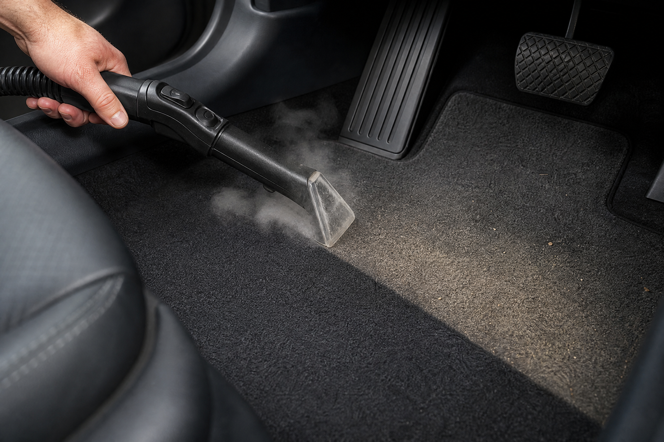 Steam cleaner being used on a car interior
