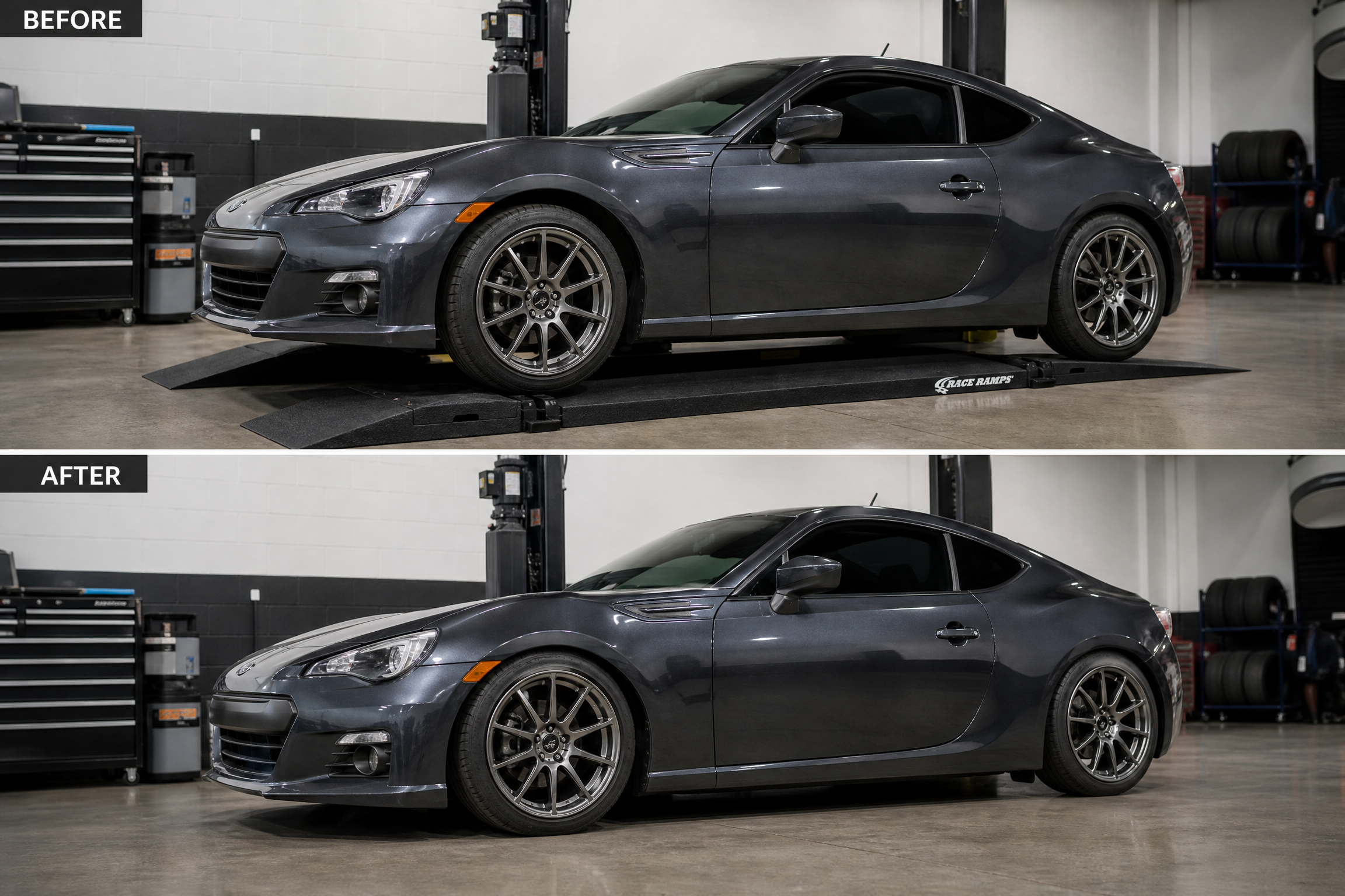 before and after car suspension lowering