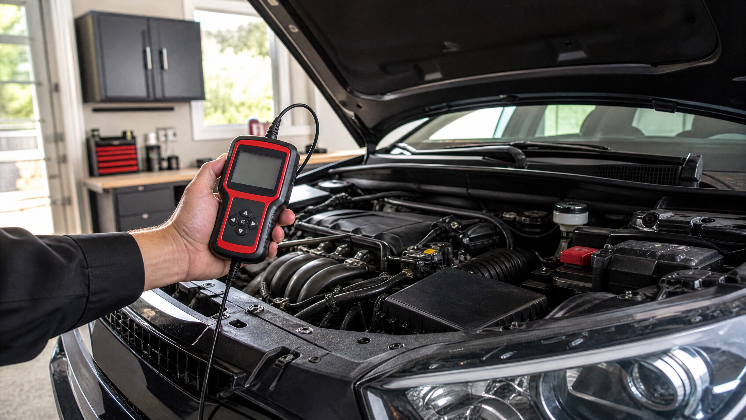 Check engine light diagnostic scanner in an open engine bay