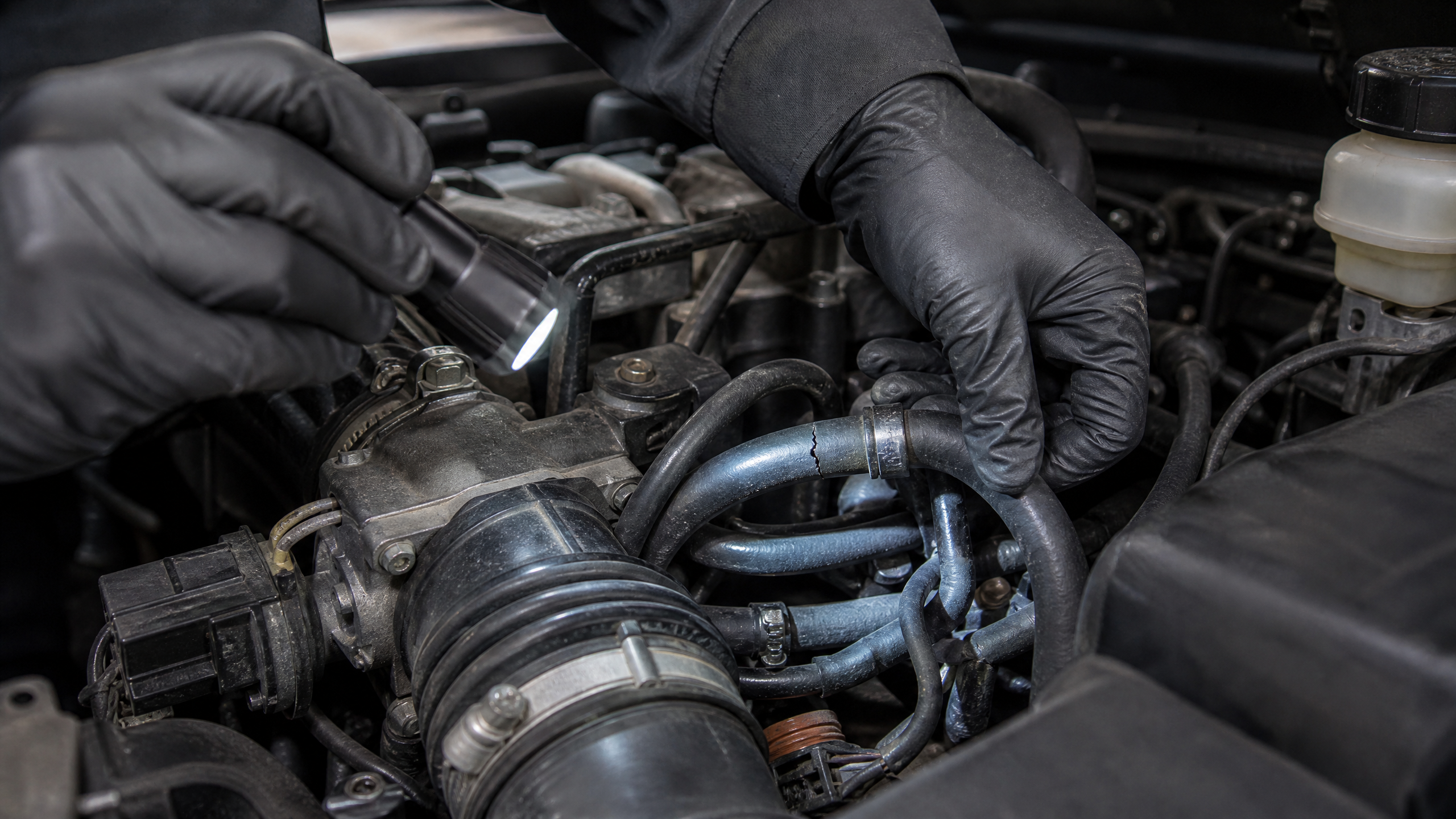 Inspecting a cracked vacuum hose in a car engine bay