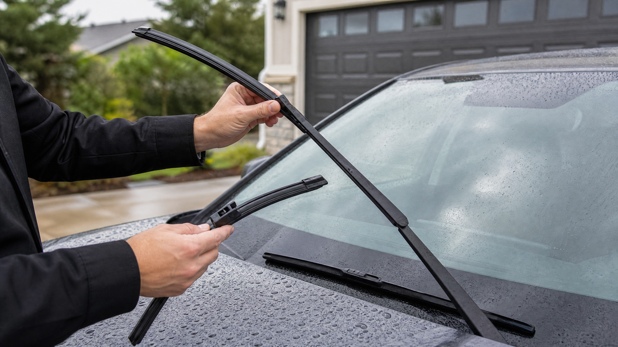 Replacing a worn windshield wiper blade in the rain