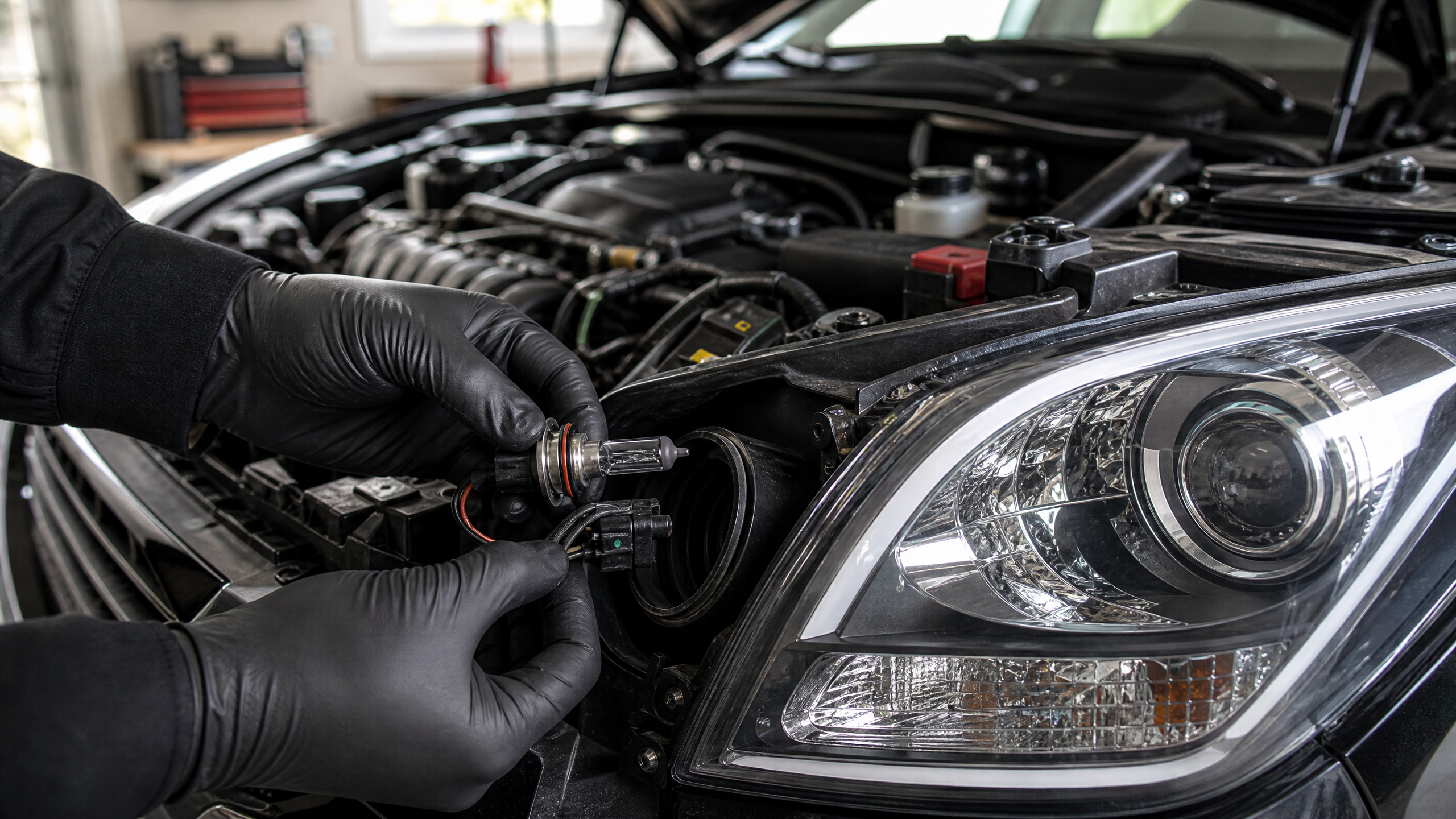Replacing a car headlight bulb behind the lamp housing