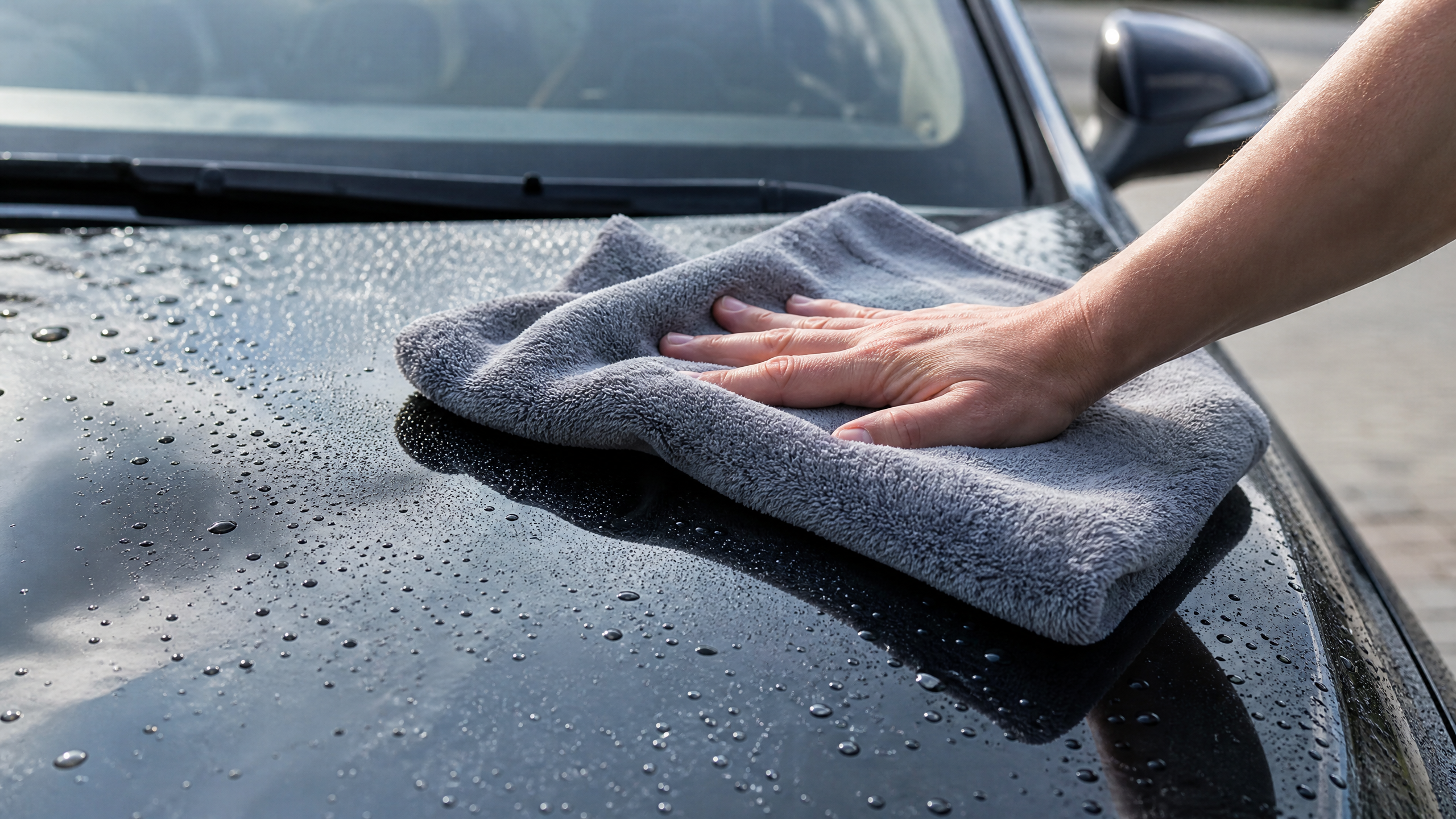 Drying freshly washed car paint with a microfiber towel