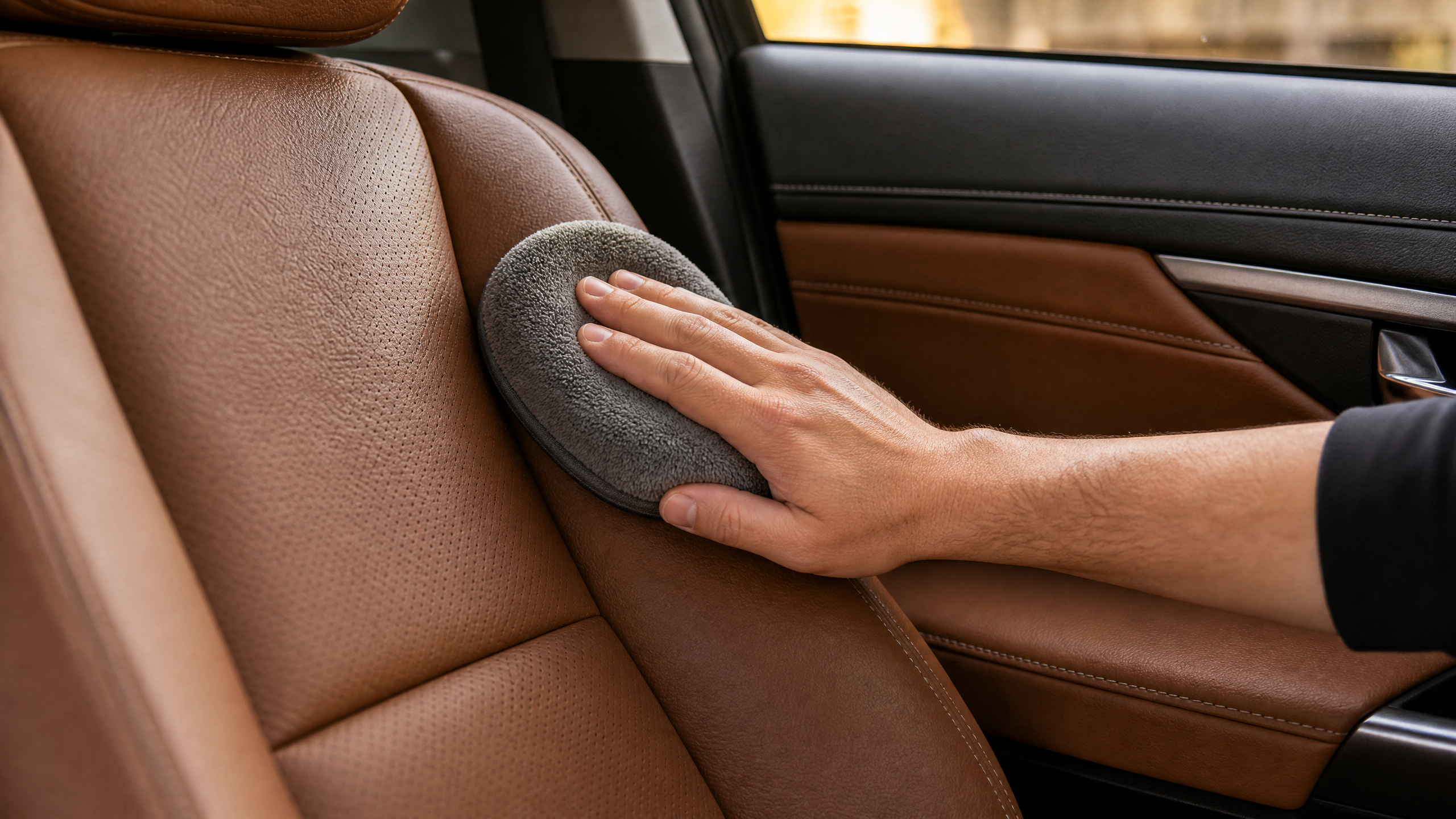 Applying leather conditioner to a car seat with a microfiber applicator