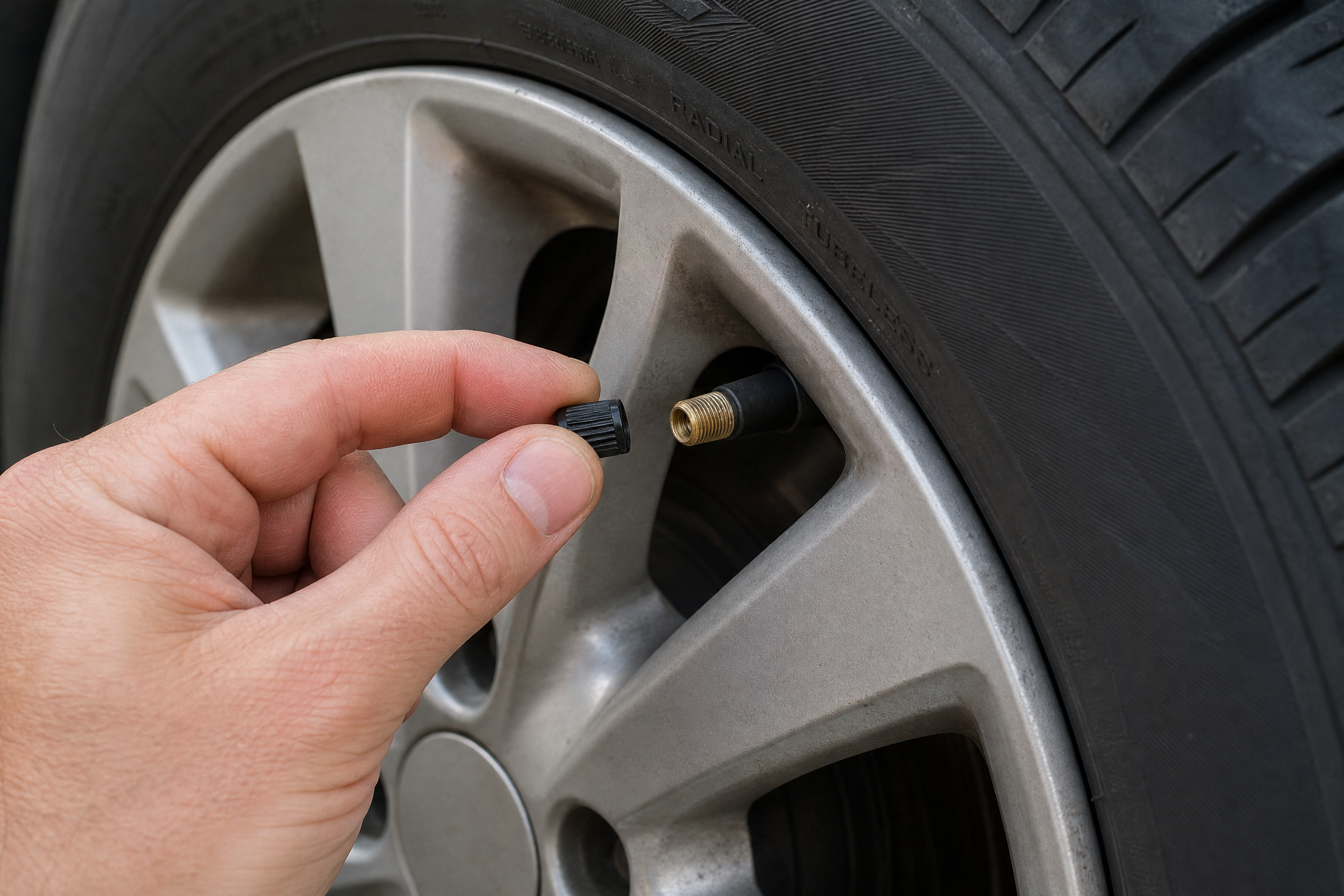 Digital tire pressure gauge pressed onto a valve stem