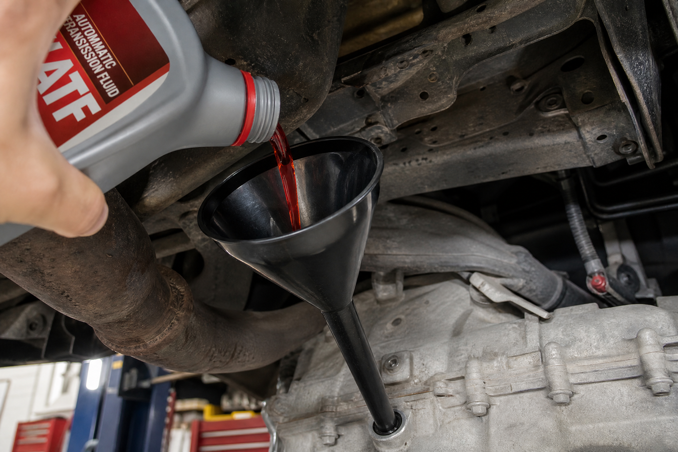 Comparison chart of transmission fluid colors from healthy red to burnt black