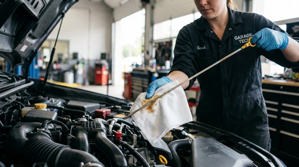 wiping off engine oil dipstick