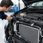 mechanic inspecting car AC system